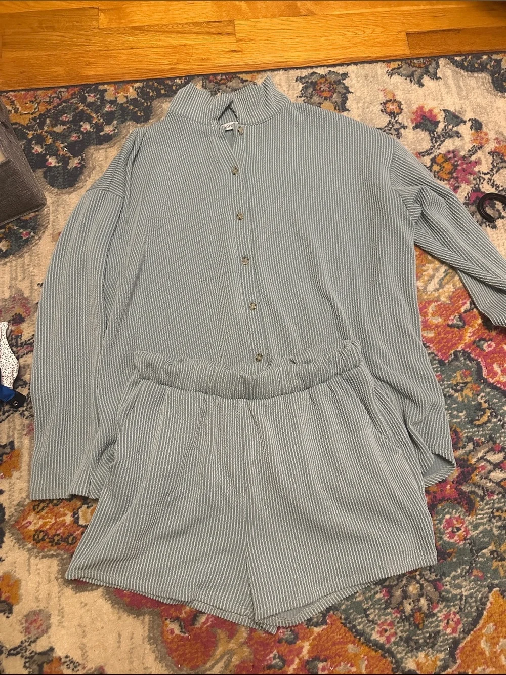 Cozy Ribbed Button-Up Lounge Set - Light Blue